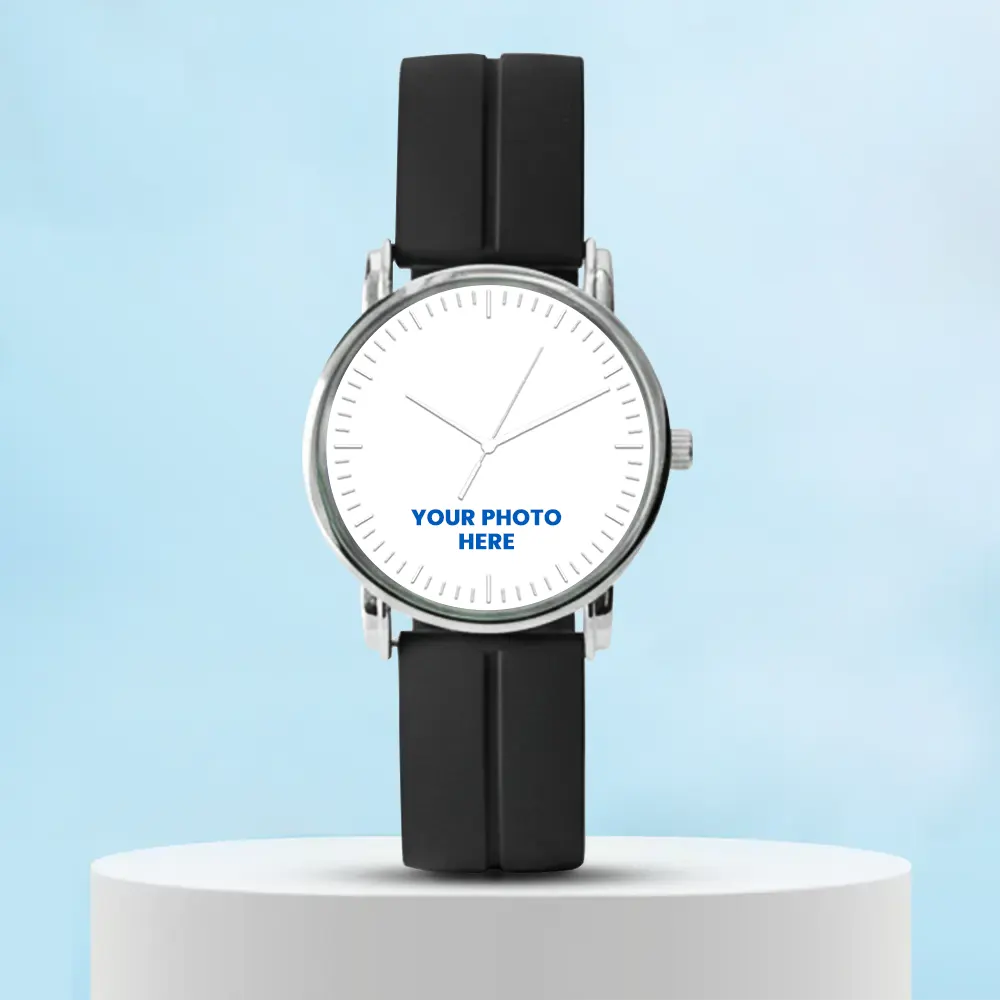 Photo Printed Black Rubber Strap Silver Dial Unisex Watch