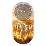 Golden Desert Mirage Seven Horses Acrylic Wall Clock Capsule Shape