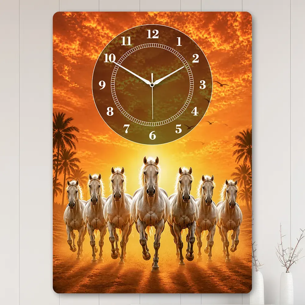 FAQs 9 Sunrise Golden Yellow Seven Horse Acrylic Wall Clock swapp
