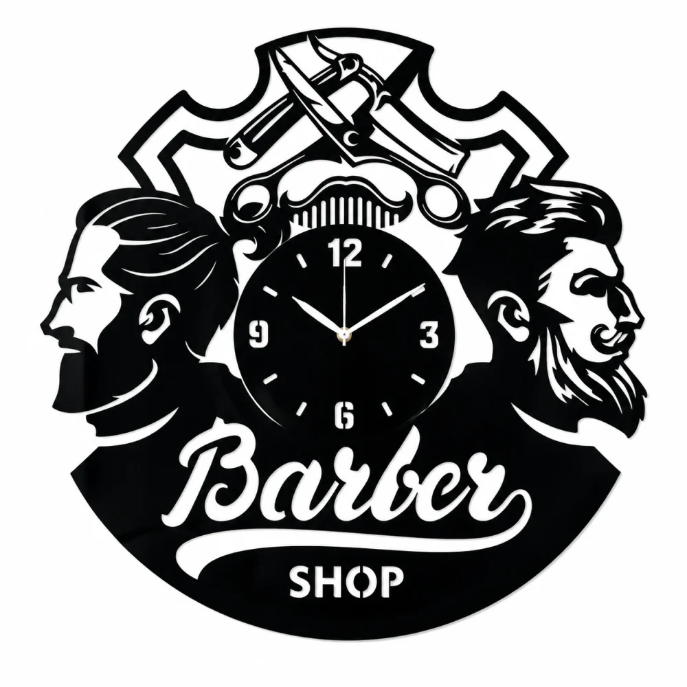 Barber Shop Two Beard Men Acrylic Wall Clock — Black Glossy Acrylic, 15" x 15"