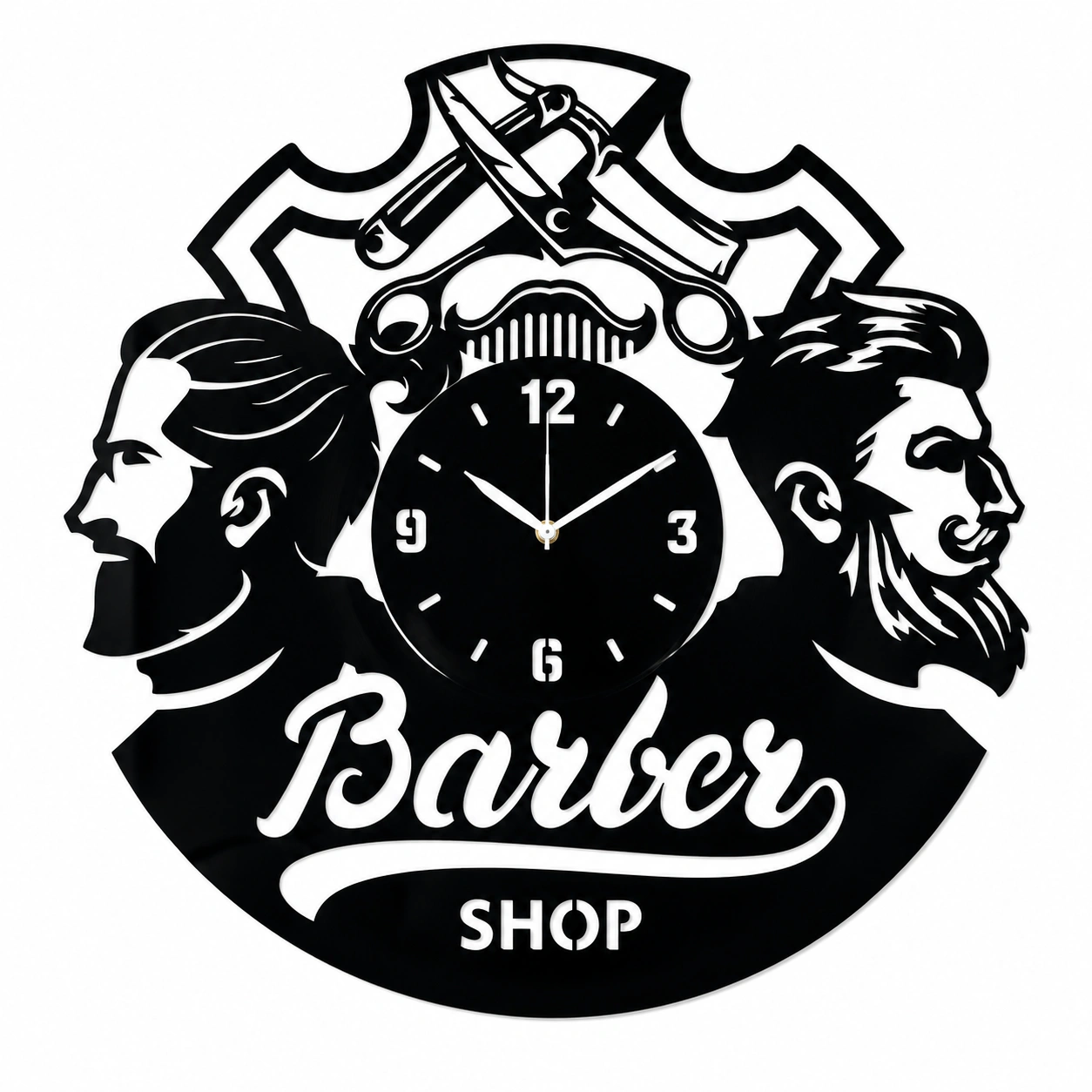 Barber Shop Two Beard Men Acrylic Wall Clock — Black Glossy Acrylic, 15" x 15"