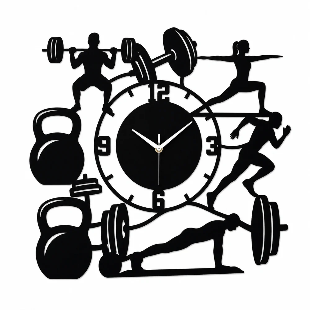 Gym Fitness Silhouette Acrylic Wall Clock – Weightlifting & Running Theme — Black Glossy Acrylic, 15" x 15"
