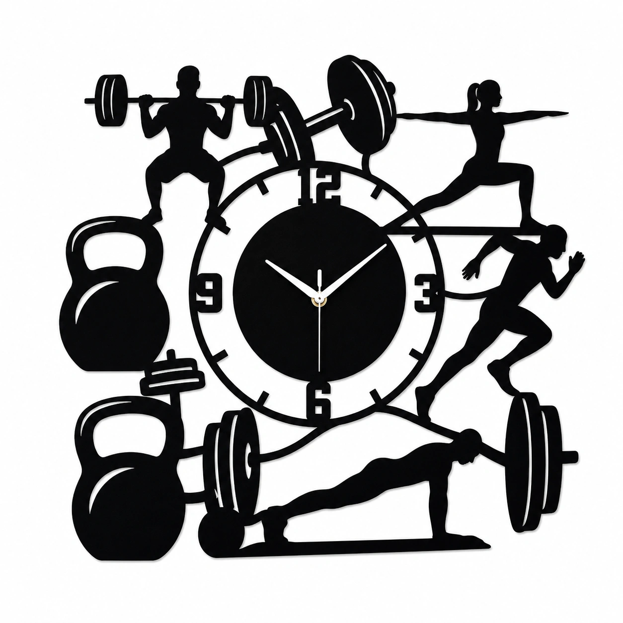 Gym Fitness Silhouette Acrylic Wall Clock – Weightlifting & Running Theme — Black Glossy Acrylic, 15" x 15"