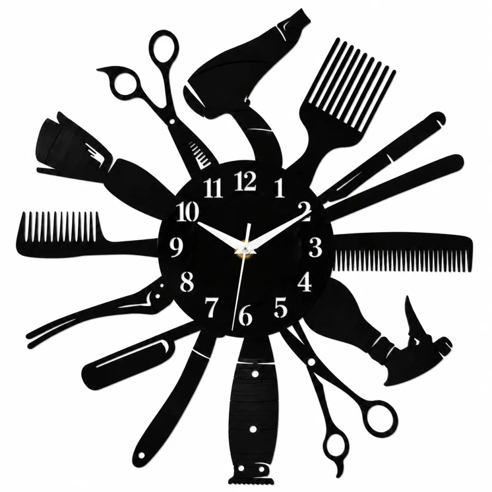 Beauty Salon Tools Wall Clock — Black Glossy Acrylic, 15" x 15"