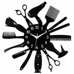 Beauty Salon Tools Wall Clock — Black Glossy Acrylic, 15" x 15"