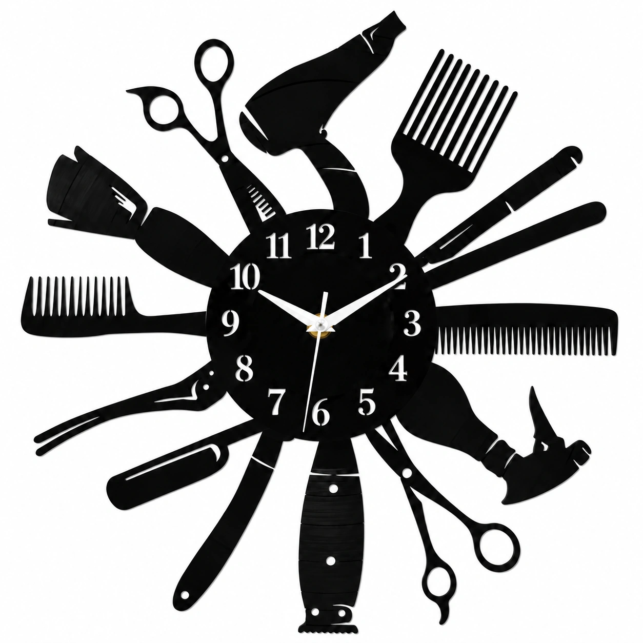 Beauty Salon Tools Wall Clock — Black Glossy Acrylic, 15" x 15"