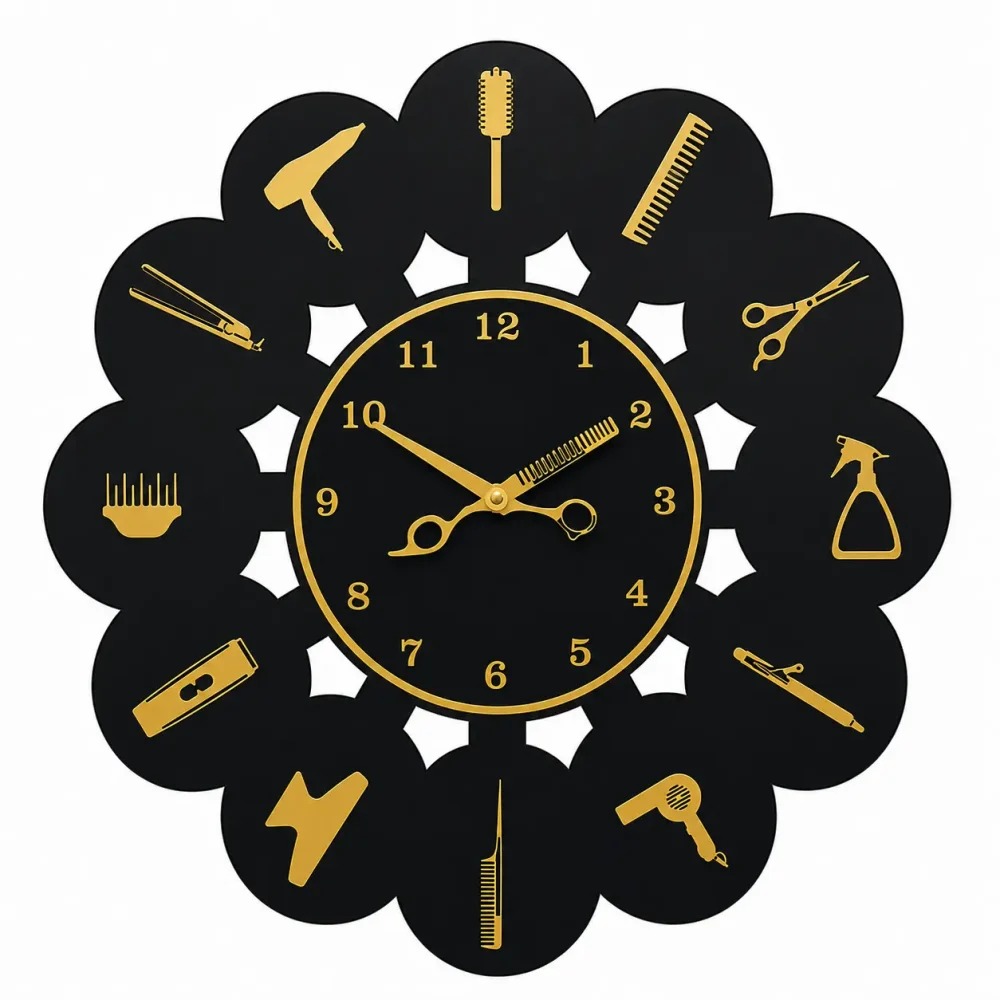 Beauty Salon Wall Clock With Scissor Like Hands — Black and Gold Glossy Acrylic, 15" x 15"