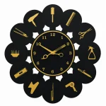 Beauty Salon Wall Clock With Scissor Like Hands — Black and Gold Glossy Acrylic, 15" x 15"