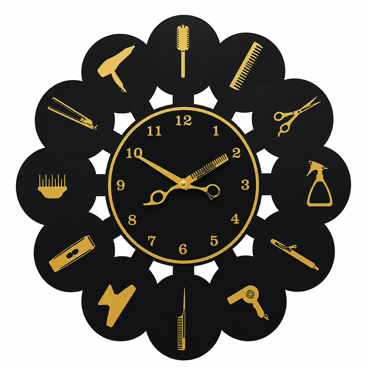 Beauty Salon Wall Clock With Scissor Like Hands — Black and Gold Glossy Acrylic, 15" x 15"