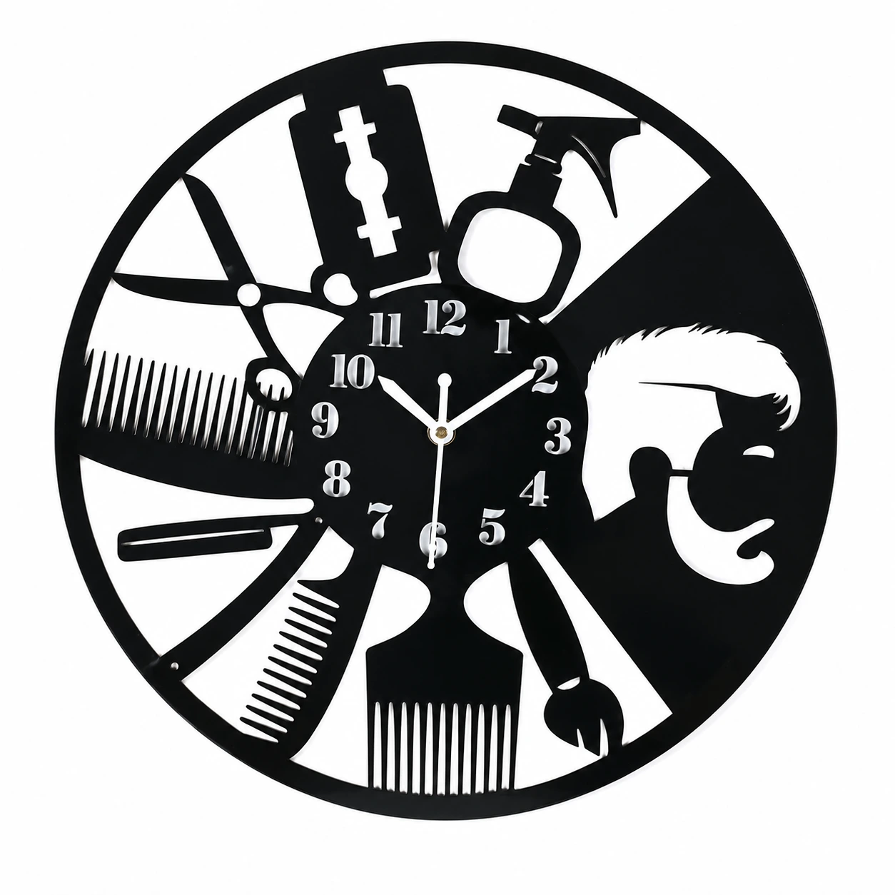 Beauty Salon Tools Round Wall Clock — Black Glossy Acrylic, 15" x 15"